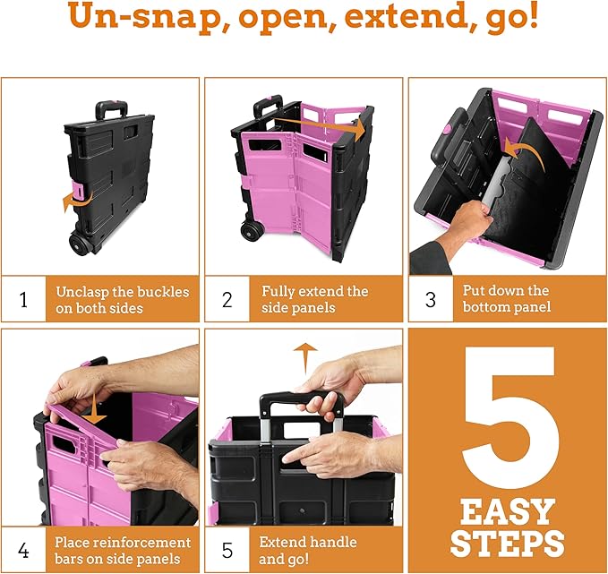 Inspired Living Ultra-Slim Rolling Collapsible Storage Pack-N-Roll Utility-carts, with Telescopic Handle, for Home, Garden, Shopping, Office, School use, Large, Pink & Black - Image 6