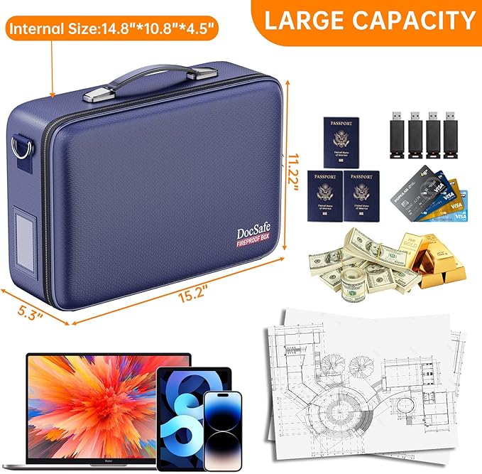 DocSafe Fireproof Document Box Hard Case with Lock ＆ Accordion File Folder | Fire and Water Resistant Safe Box,File Organizer,Multi-Pocket,Home Office Travel Storage for Important Document,Laptop,Blue - Image 5