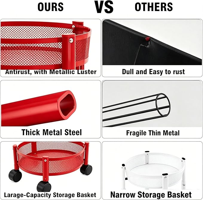 3-Tier Foldable Rolling Cart, Collapsible Metal Utility Cart with Wheels, Assembly-Free, Round Storage Organizer Trolley for Kitchen, Bathroom, Dorm, Nursery-Red - Image 6