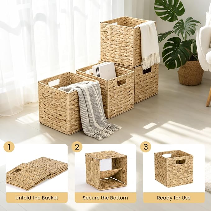 Water Hyacinth Storage Baskets 9in, 4 Pack Wicker Storage Cubes with Handles, Foldable Natural Woven Baskets for Shelves Closet Bathroom, Handmade Organizer Bins - Image 4