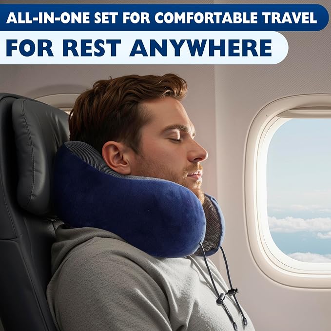 Travel Neck Pillow for Airplane, 100% Memory Foam (Blue) | 4-in-1 Set with 3D Eye Mask, Earplugs, Carry Bag, Washable Cotton Cover & Snap Buttons, Neck Pillow for Plane, Car & Train - Image 9