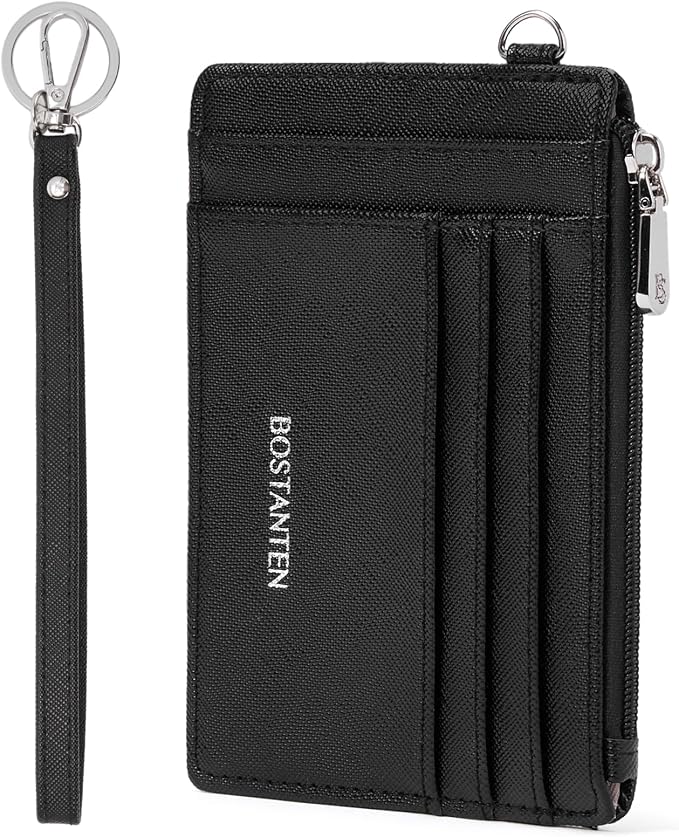 BOSTANTEN Credit Card Holder RFID Small Wallet for Women with Keychain | Slim, Wristlet, Zipper Coin Pocket, Pocket-Friendly, Vegan Leather, Minimalist, Gifts, Black by BOSTANTEN