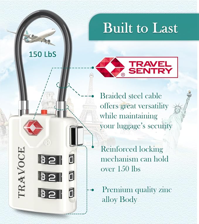 TSA Approved Luggage Locks, Combination Cable Locks, 2 Pack, White | Search Alert shows TSA key access; resettable 3-digit code and flexible braided steel cable for suitcases and backpacks. - Image 5