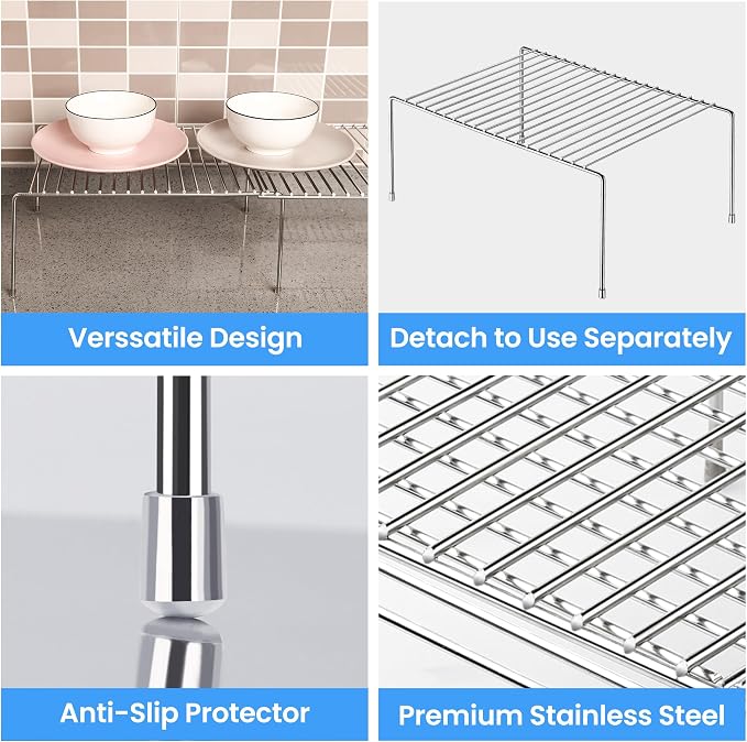 Tomorotec Expandable Kitchen Cabinet Organizer Stainless Steel Shelf Silver | Adjustable from 12.8 to 22.8 Inches Rustproof with Anti-Slip Feet for Pantry Bathroom Closet and Countertop Organization - Image 6
