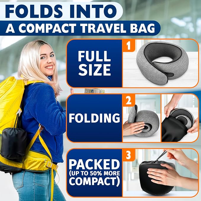 100% Memory Foam Travel Neck Pillow with Breathable Mesh – 4-in-1 Airplane Kit with 3D Eye Mask, Earplugs & Bag, Adjustable Closure – G-Shape Airline Pillow for Sleeping on Long Flights, Car, Train - Image 8