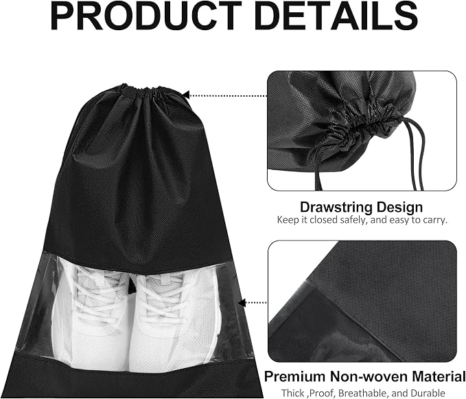 YAMIU 12PCS Shoe Bags for Travel - Large Dustproof Drawstring Shoes Pouch Packing Organizers for Men & Women, Black - Image 4