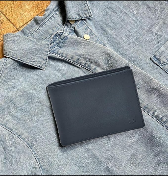 Real Leather Mens Bifold Wallet RFID Blocking Slim Minimalist Front Pocket - Thin & Stylish with ID Window in Gift Box (Nappa, Midnight Navy) - Image 6