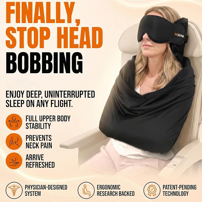 2 Pack 3-in-1 Airplane Sleep Support System - Plane Sleeping Accessories with Memory Foam Long Haul Flight Pillow, Adjustable Travel Eye Mask, and Blanket-Like Body Sling - Fits in Carry On - Image 3