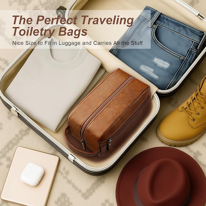 Travel Toiletry Bag for Men and Women, Travel Shaving Dopp Kit Water-resistant Bathroom Toiletries Organizer PU Leather Cosmetic Bags (Dark Brown) - Image 7
