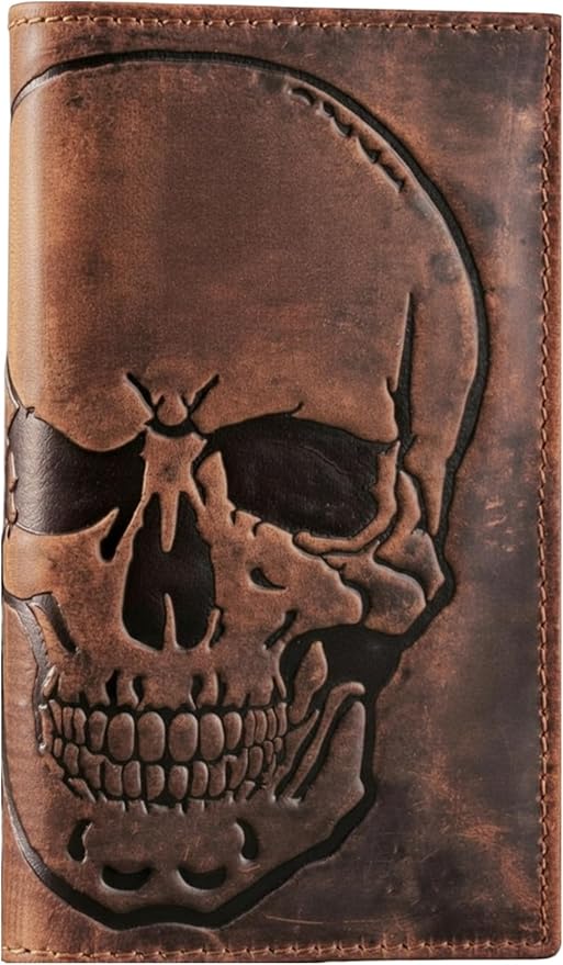 Men's RFID Vintage Look Genuine Leather Long Bifold Wallet Checkbook Wallets,buffalo wax leather,classic brown skull,240-120 by FLCLASSIC