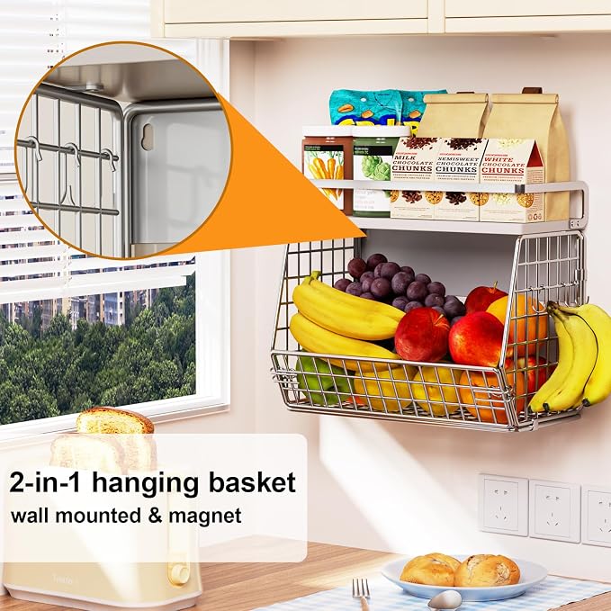 Fruit Basket 2 IN 1 Magnetic & Hanging Wall Produce Basket for Potato Onion Fruit and Vegetable Storage,Magnetic Spice Rack for Refrigerator Kitchen Counter Cabinet Pantry - Image 5
