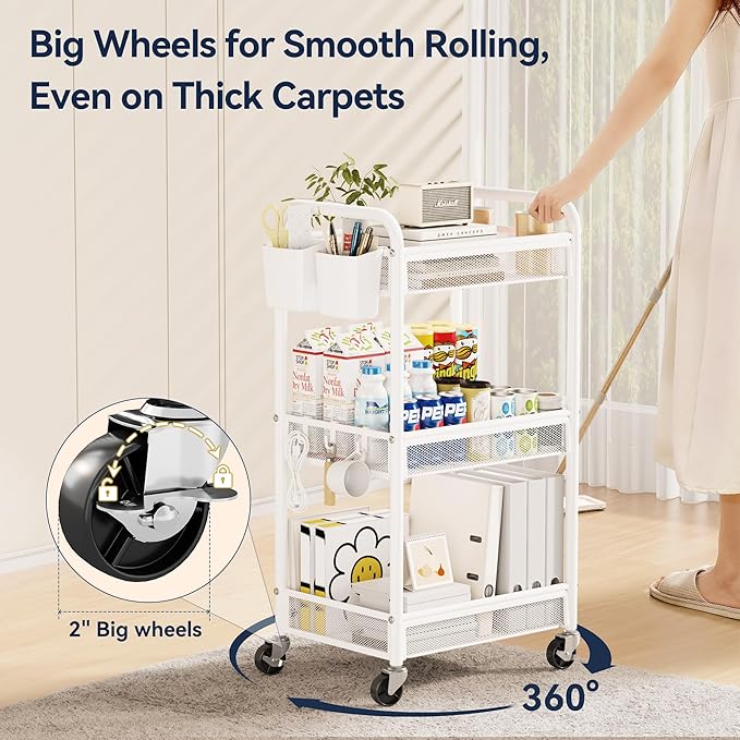 3 Tier Metal Rolling Cart, White Utility Storage Cart with Wheels | Metal Mesh Craft Cart With Hooks & Hanging Cups, Ideal For Kitchen, Bathroom, Office, Dorm, Art Workspace, Bedside Storage - Image 4