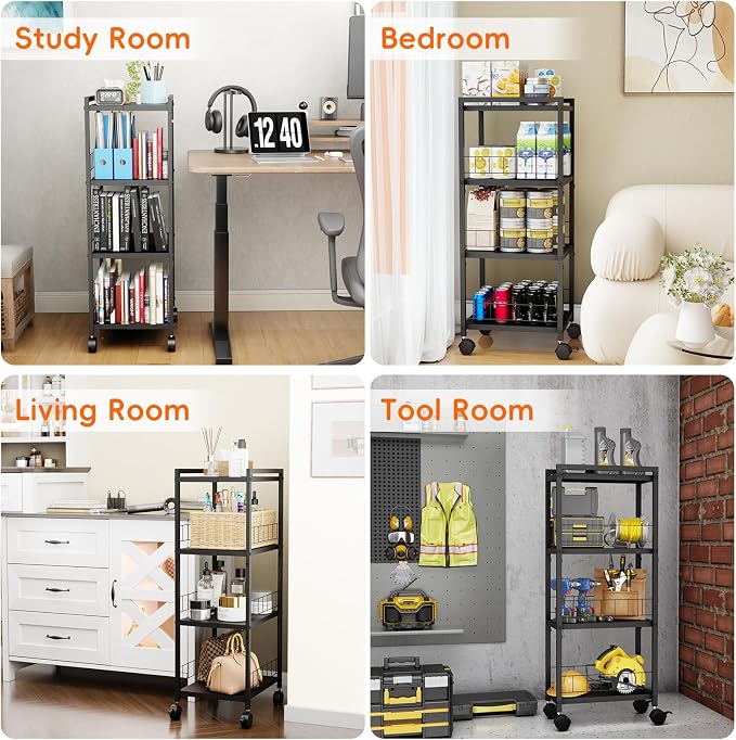 Expandable Slim Storage Cart with Wheels, 4 Tier Narrow Metal Rolling Utility Cart Organizer Adjustable Open Floor Shelving Unit for Small Spaces Bathroom Laundry Room Kitchen - Image 8