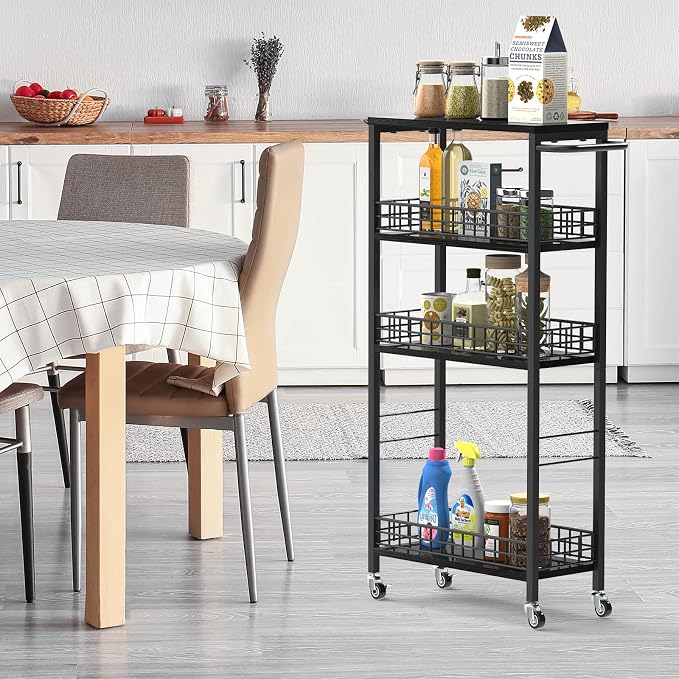 NOVIMANGO Slim Rolling Storage Cart, for Bathroom Small Spaces, Black | 4 Tier Slim Storage Cart, Rolling Kitchen Cart with Handle, Wood Rolling Storage Cart for Kitchen, with Wood Tabletop - Image 5