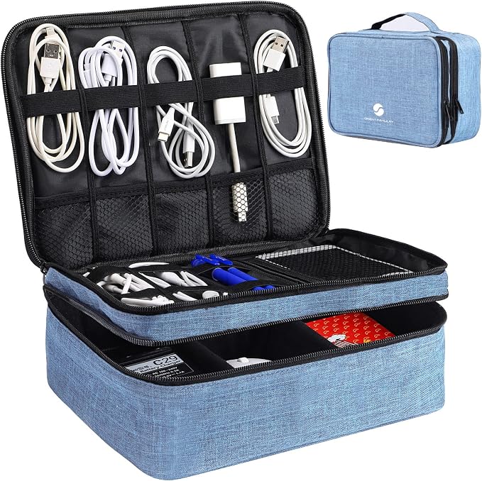 Travel Electronics Organizer, Waterproof Cable Organizer Bag for Electronic Accessories Double Layer Large Shockproof Cable Storage Bag for Cord, Power Bank, Tablet(Up to iPad 11 inch) - Denim blue by ORIENTFAMULAY