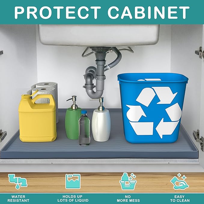URMONA Waterproof Silicone Under Sink Mat 34'' x 19'' Shelf Liner for Kitchen and Bathroom, Cabinet and Counter Protector, Storage and Organizers, Litter Mat, Pet Cat Puppy Essentials(Dark Grey) - Image 2