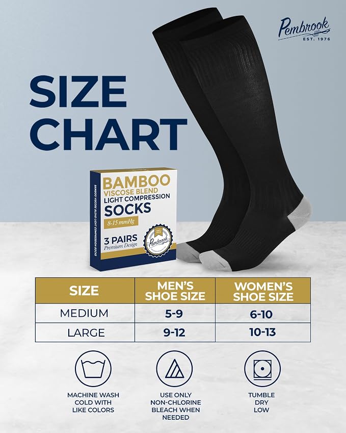 Pembrook® Bamboo Viscose Light Compression Socks - 3 Pairs | 8-15 mmhg Compression Socks | Knee High Comfort Support Socks - Image 6