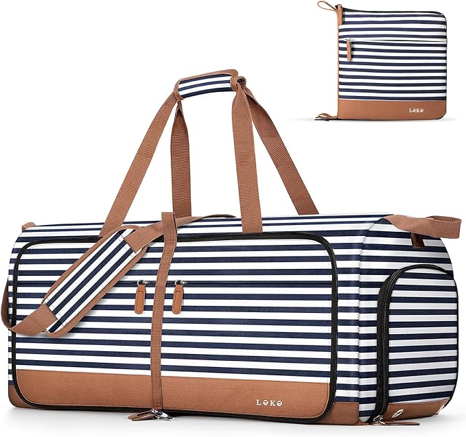 Lekesky Foldable Travel Duffle Bag for Women, 60L Large Duffel Bag with Separate Shoes Compartments & Straps, Carry On Weekend Bag for Women, Hospital, Overnight (Blue Stripes) by LEKESKY
