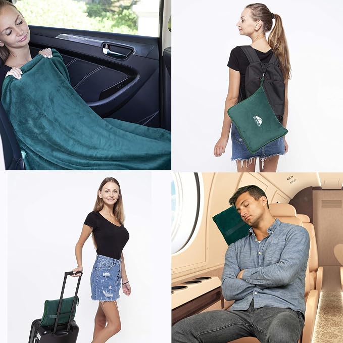 BlueHills Premium Soft Travel Blanket Pillow Flight Traveling - Dark Green | Soft Bag Pillowcase with Hand Luggage Belt & Backpack Clip, Compact Portable Throw Blanket for Airplane Cruise Travel Comfort - Image 3