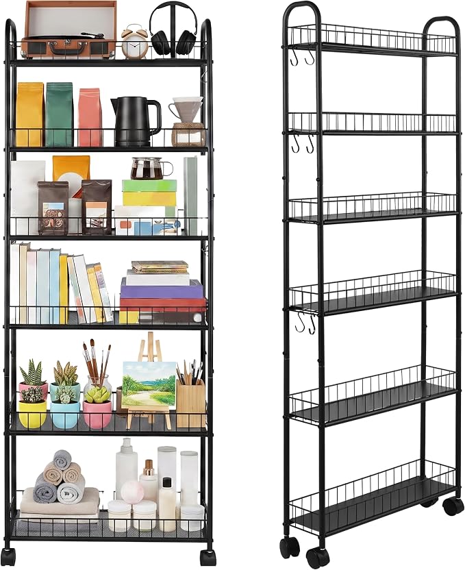 6-Tier Slim Rolling Storage Cart with Wheels, Tall Narrow Storage Shelves for Small Spaces, Metal Utility Cart Mobile Shelving Unit on Wheels for Kitchen, Bathroom, Office by Unknown