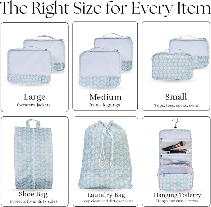 Packing Cubes Set – Cute Packing Cubes for Travel, Luggage Organizer Bags for Suitcase, For Kids & Family, Floral, Neutral & Aesthetic Travel Organizer Set-Blue Flower - Image 3