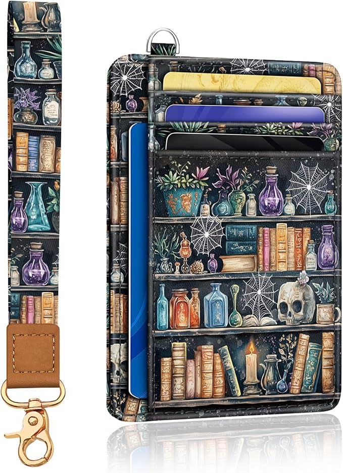 Yonlevres Goth Book Credit Card Holder Wristlet Wallet Women RFID Small | Front Pocket, Handy, RFID Blocking, Woman Girls Ladies Gifts, D-ring for Keychain,Thin Mini Card Case, ID Window, PU Leather by Yonlevres