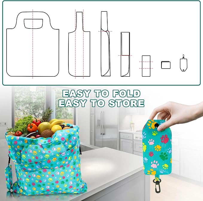 HOLYLUCK Reusable Grocery Bags,Heavy Duty Foldable Shopping Tote Bag (Standard, 3 Green Dog Paw Prints) - Image 5