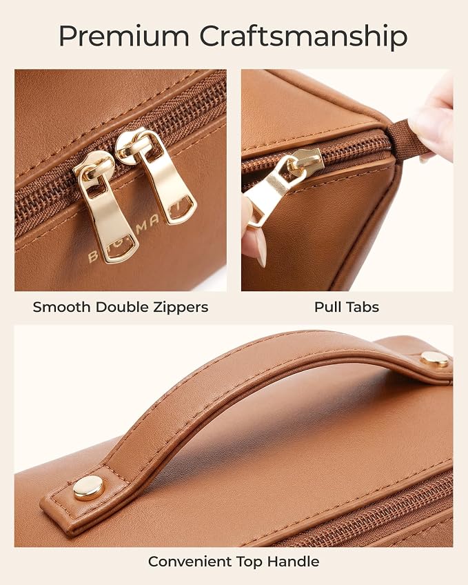 BAGSMART Makeup Bag Travel Cosmetic Bag,Women Toiletry Case, Brushes, Camel | Make Up Bag Flat Open Toiletry Bag for Women, PU Leather Travel Essentials Wide-open Skincare,Brushes Organizer Case Large - Image 7