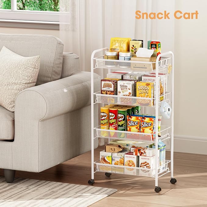 TOOLF 4 Tier Rolling Cart, Metal Utility Storage Cart with Wheels, White | 3 Hooks, Screwless Assembly, Trolley Organizer for Bathroom, Kitchen, Office, Nursery, Dorm, Laundry Room - Image 7