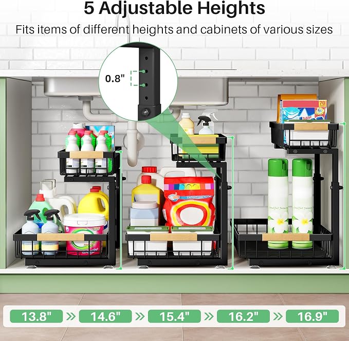 Kitstorack Under Sink Organizer, 2 Tier Under the Sink Storage, Slide out Pull out Cabinet Organizer Shelf, Metal Sliding Drawer for Kitchen Bathroom Pantry Closet Organization Rack, Black, 2 Pack - Image 7