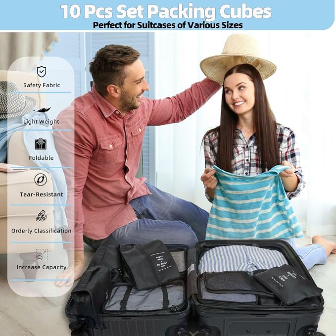 10 Pcs Set Packing Cubes - Travel Packing Organizers, Expandable Suitcase Organizer, Luggage Organizer Bags - Image 2