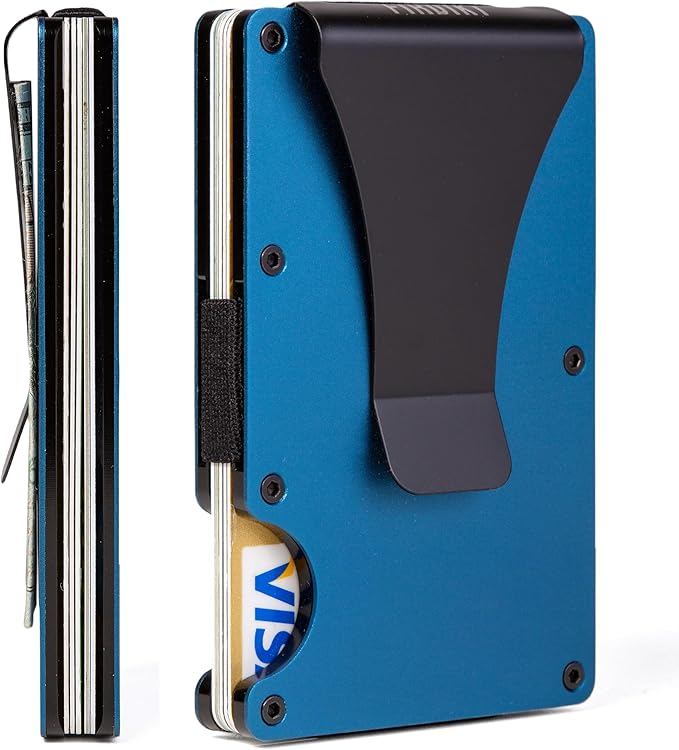 Minimalist Wallet for Men, Slim Metal RFID Blocking Wallet Credit Card Holder Money Clip & Cash Strap, Scratch-Resistant Holds 15 Cards,Ideal Gift for Men | Matt Blue by Unknown