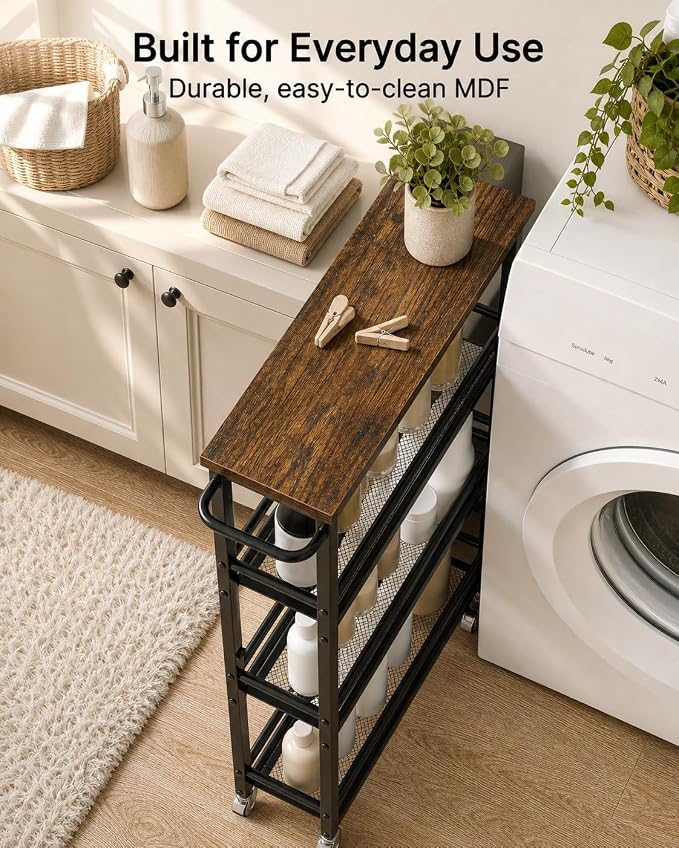 Pipishell Slim Storage Cart with Wheels - 4 Tier Rolling Kitchen Storage Cart with Handle and Wood Top, Metal Slim Bathroom Cart for Laundry Room, Bathroom, Kitchen, Narrow Space, Black & Rustic Brown - Image 5