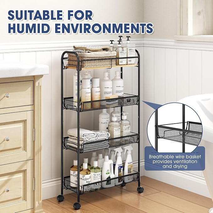 TOOLF 4-Tier Slim Rolling Cart, Metal Utility Cart, Slide Out Storage Cart with Wooden Tabletop and Mesh Baskets for Narrow Space on Kitchen Bathroom Laundry Room Bedroom Apartments Dormitory - Image 5