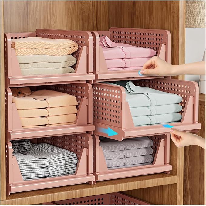 SNSLXH 5 Pack Stackable Closet Organizer Box, Multifunctional & Foldable Closet Storage Basket for Bathroom Kitchen Laundry Room Wardrobe Storage, Space-Saving Clothes Storage Drawer Organizer, Pink | Stackable & Foldable Closet Storage Bins for Bathro... by SNSLXH