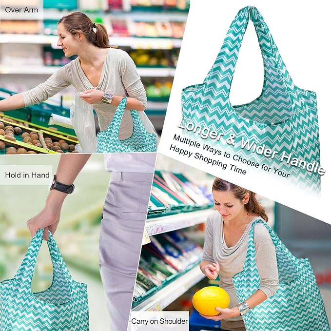 BeeGreen Reusable Grocery Bags Lightweight Durable Shopping Bags Washable Foldable 12 Pack Xlarge Classic Geometric Design Gift Tote Grocery Bags with Elastic Band and Separated Zipper Storage Pouch - Image 2
