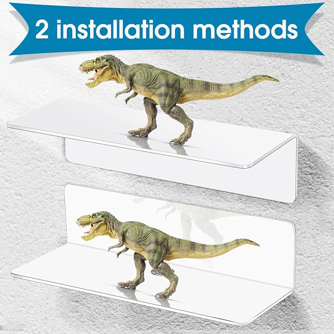 Maitys 8 Pcs White Acrylic Floating Shelves Back to School Supplies 9 Inches Adhesive Wall Mounted Shelves No Drill Hanging Acrylic Wall Display for Living Room Bathroom Bedroom Kitchen Office - Image 4