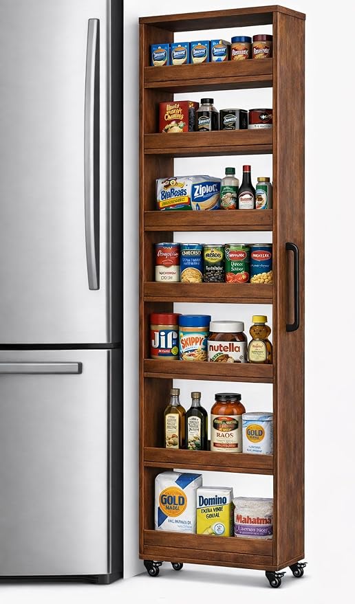 Beside Fridge Storage Slim Tall Cabinet - 7-Tier Tall Narrow Kitchen Pantry Pull Out Storage Cabinet Next To Fridge, Rolling Cart For Kitchen, Dorm, Bathroom, Laundry & Office (Walnut, 23.6 in) by Unknown