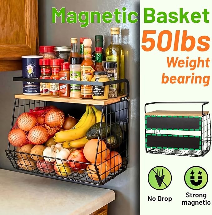 Magnetic Shelf for Fridge with Wood Lid, Fruit Potato and Onion Storage Bins, Pantry Organizers & Storage, Large Container Magnetic Spice Rack for Refrigerator, Kitchen Counter, Cabinet | Strong magnet holds 50lbs, ventilated bin for produce, versatile... - Image 2