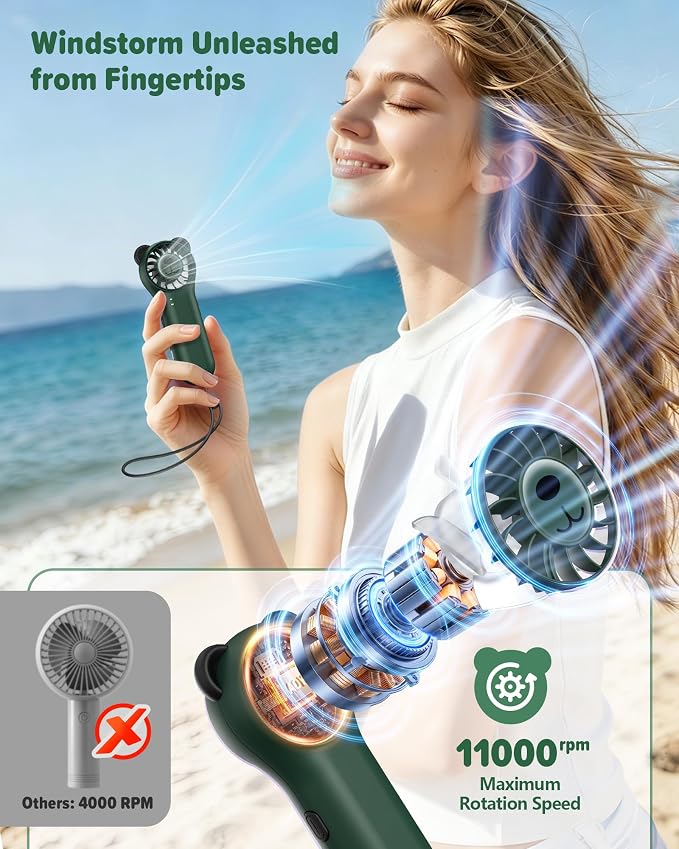 Portable Handheld Fan, Cute Bear Mini Fan with 11000 RPM High Speed, Rechargeable Personal Fan with 4 Speeds, Pocket Small Fan for Travel, Makeup, Lash, Gifts for Women Girl - Olive Green - Image 3