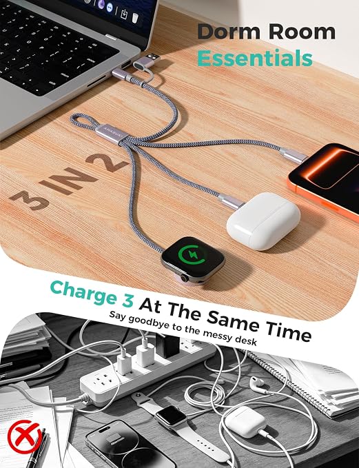Travel Essentials,3 in 2 USB C Cable for Apple Watch Charger,iPhone Charger,Multi Charging Cable,Cruise Vacation Camping Essentials,Portable for iWatch Series 11-2/Ultra/SE & iPhone 17-12,Car,0.7FT - Image 5