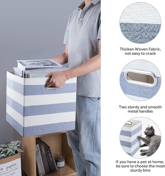13x13x13 Storage Cubes Bins,Collapsible Fabric Bins 4Pack,Blue-white | Fabric Storage Drawers Cubby Organizer Bins Striped Container for Organizing Home Office Wardrobe Closet Shelf - Image 3