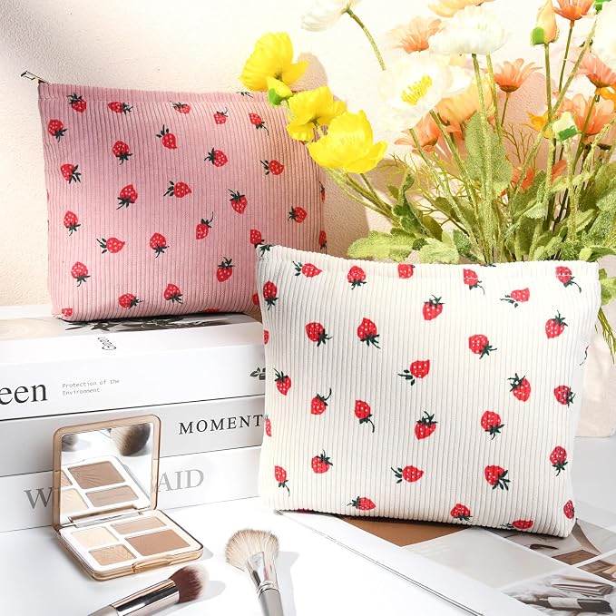 SOIDRAM 2 Pcs Cute Makeup Bag Large Cosmetic Bag Toiletry Bag Makeup Pouch Travel Bag Organizer Cute Makeup Brushes Aesthetic Accessories Storage Bag for Women Strawberry Pink Beige - Image 2