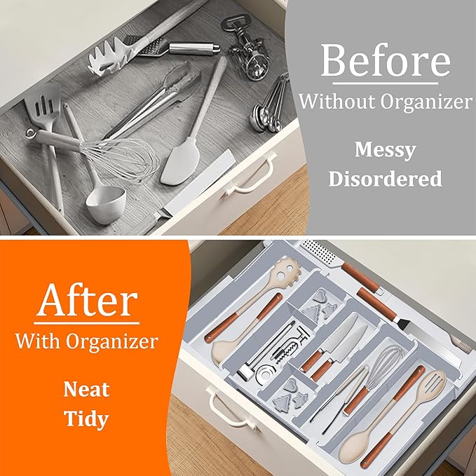 Large Utensil Drawer Organizer Expandable Silverware Organizer for Kitchen Drawer Adjustable Cooking Utensil Holder Cutlery Flatware Tray Spatula Tools Gadgets Storage Dividers Plastic Grey - Image 3