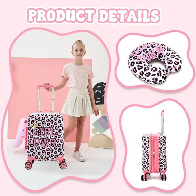 Kid's Luggage Set 2 Piece Suitcase Set 16" Hardside Luggage with Spinner Wheels Girls Carry on Toddler Travel Rolling Suitcase with Neck Pillow Airline Approved - Image 4