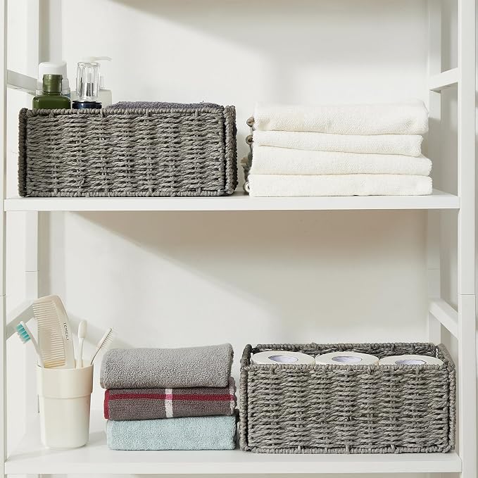 Wicker Storage Basket, Set of 2 Hand-Woven Paper Rope Wicker Basket, Small Storage Baskets for Organizing Toilet Paper, Foldable Large Cube Storage Organizer Bins for Shelves (Grey) - Image 5