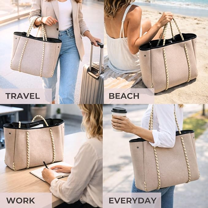 POPUPS Large Neoprene Tote Bag for Women - Everyday Designer Handbag for Travel Work and Beach with Pockets and Zipper Pouch - Image 2
