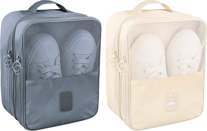 Travel Shoe Bags 2 Pcs of Shoe Organizers Set for Suitcase Hold 3 Pair of Shoes Waterproof Shoe Packing Cubes for Travel and Daily Use Storage Pouch with Handle (Grey+Beige) by Ebbniur