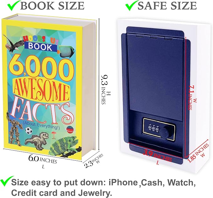 6000 Awesome Facts Book Safe with Real Pages, Fun Diversion Book Safe Lock Box with 3-Digit Combination Lock, Secret Compartment Money Saving Box for Kids and Adults, 9.3" x 6.0" x 2.3" - Image 9