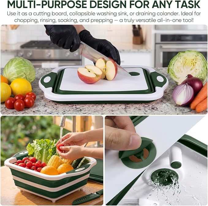 Collapsible BBQ Prep Tub with Lid, Foldable Camping Sink with Colander, Cutting Board, Dish Basin for Kitchen, Bowl, Vegetable and Fruit, Storage Basket for Picnic-Green - Image 8